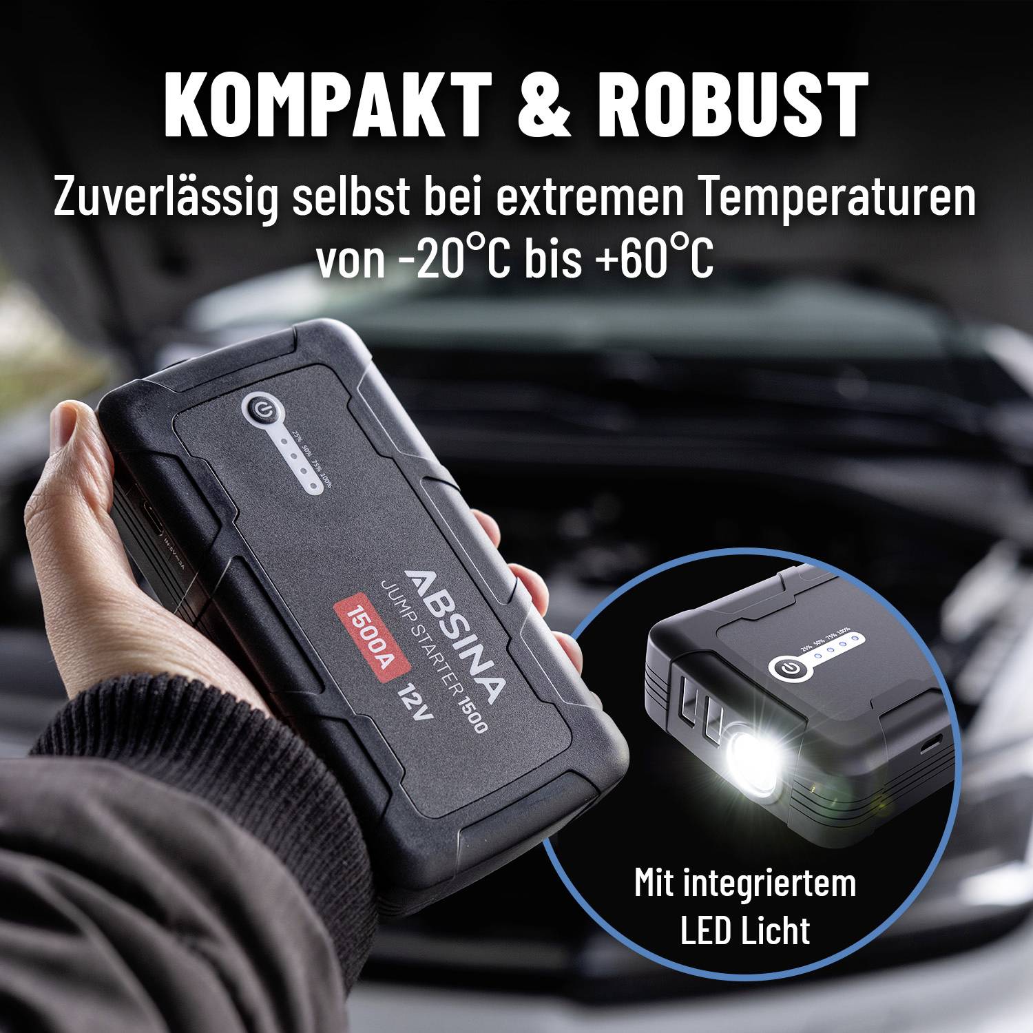 Obrázek ukazuje přenosné startovací zařízení s integrovaným LED osvětlením, které je kompaktní a odolné. Funguje v teplotách od -20°C do +60°C. V pozadí je viditelný otevřený zavazadlový prostor.