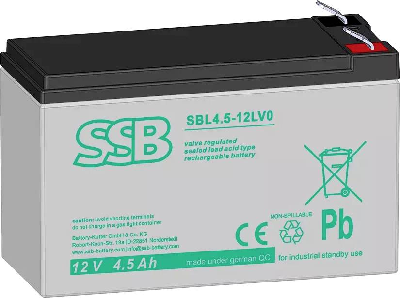Akumulátor SSB s regulačním ventilem, typ hermetický olověný akumulátor, 12V 4,5Ah. Vhodný pro průmyslové pohotovostní použití, nerozlitelný.