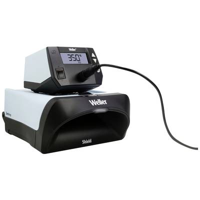 Pájecí stanice Weller s digitálním displejem. Teplota je nastavena na 350 stupňů Celsia. Pájecí páka je připojena.