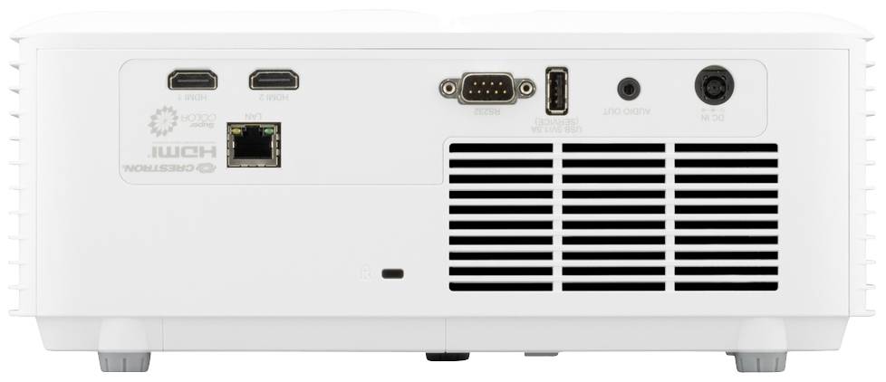 Zadní strana bílého projektoru s několika konektory: HDMI, USB, Ethernet a napájecí konektor; větrací štěrbiny vpravo.