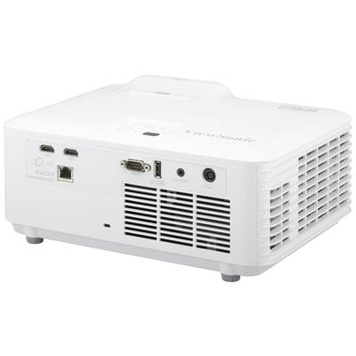Bílý projektor s několika možnostmi připojení, včetně vstupů HDMI, USB a Ethernet, umístěný na stole.