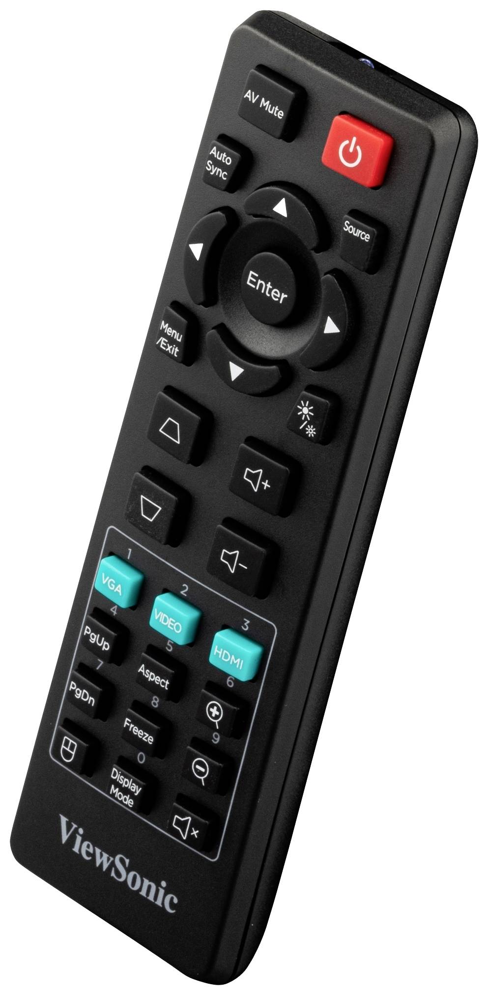 Dálkový ovladač s několika tlačítky, včetně ovládání hlasitosti, výběru vstupu (HDMI, VGA) a menu. Označený logem 'ViewSonic'.
