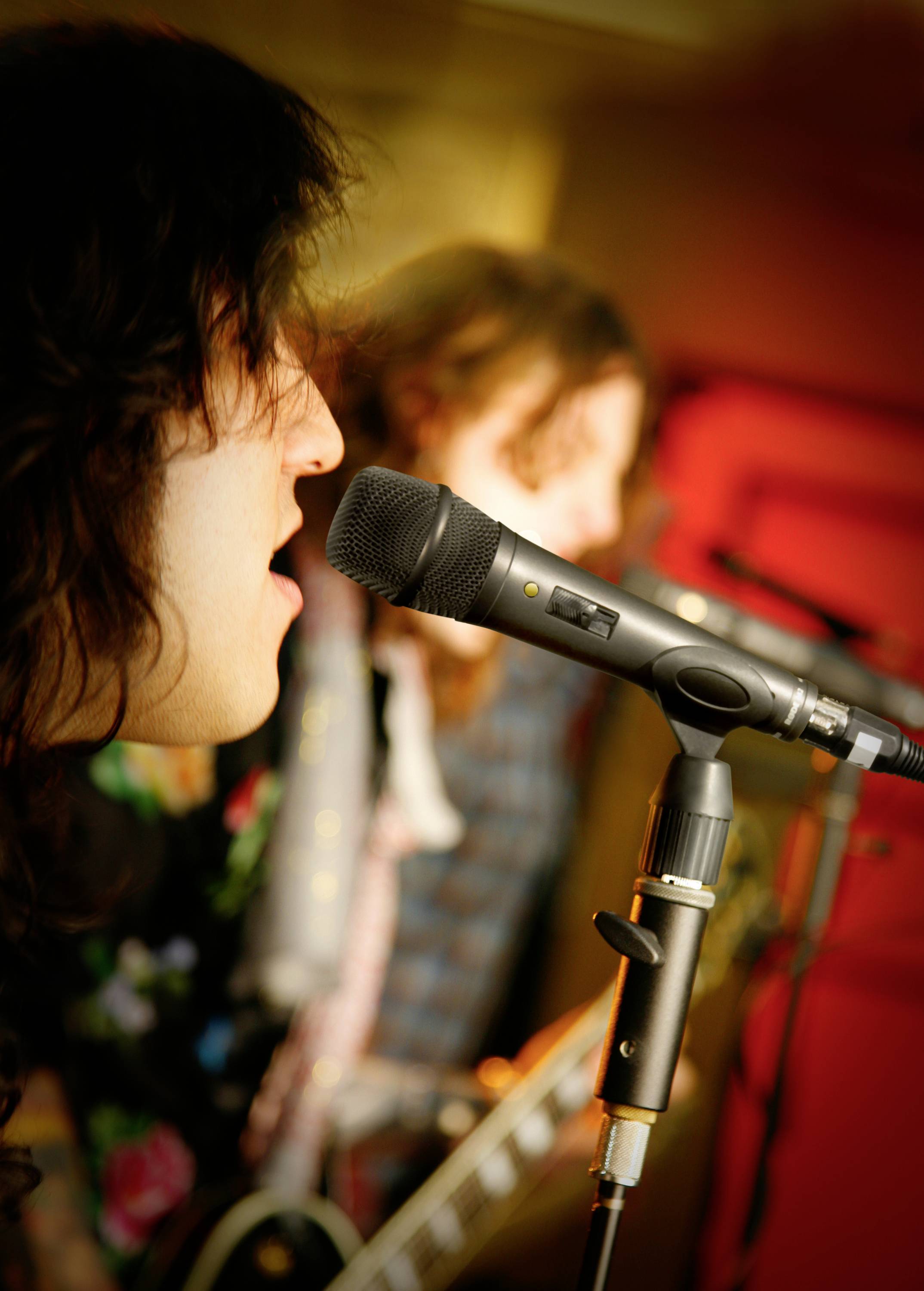 Dva hudebníci zpívají do mikrofonů se zavřenýma očima na pódiu, jeden z nich hraje na elektrickou kytaru. Působí soustředěně a emocionálně.