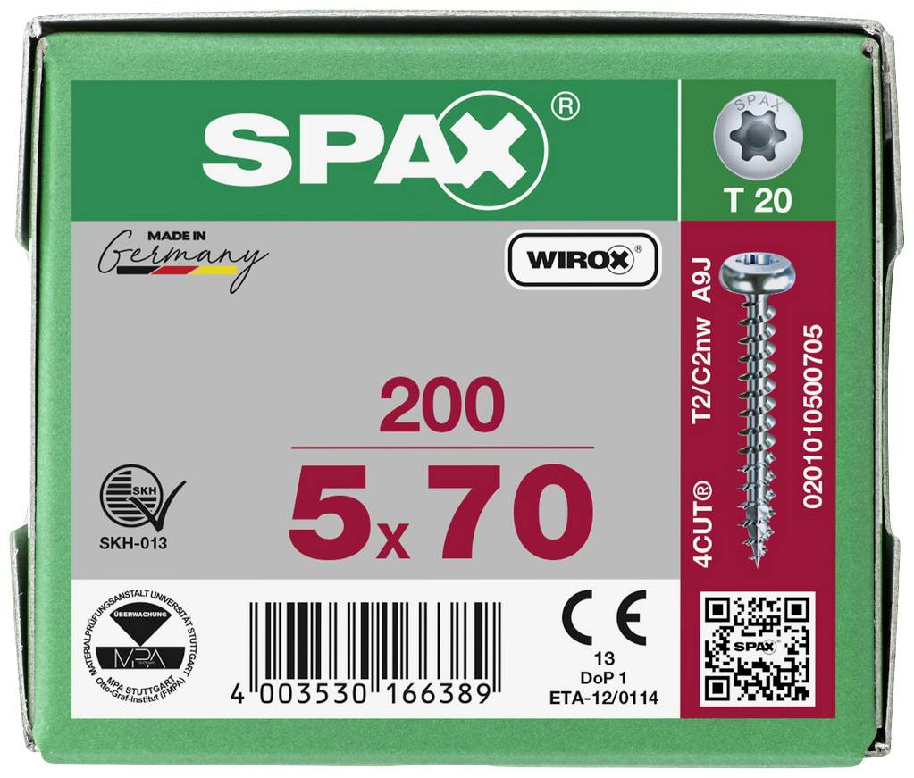 Krabice s 200 SPAX šrouby, velikost 5x70 mm, vyrobeno v Německu, viditelné logo certifikátu kvality a QR kód.