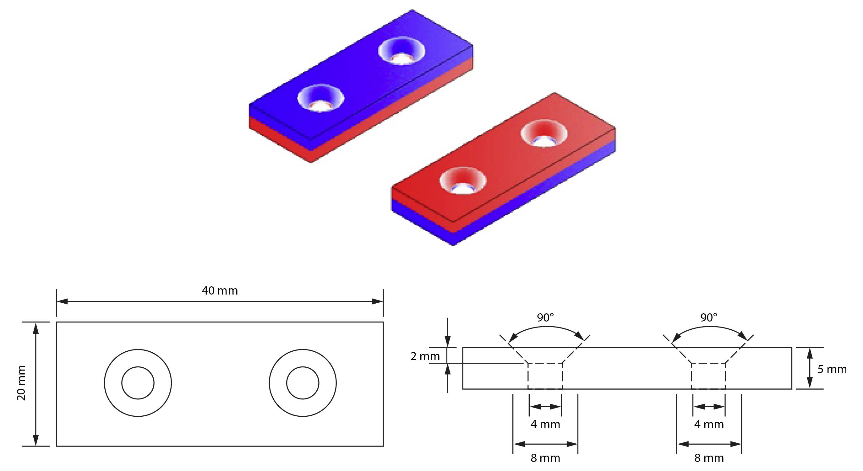 Technický výkres obdélníkové desky se dvěma otvory, znázorněný v 3D a ortogonálních pohledech, označený 40 mm dlouhý, 20 mm široký a 5 mm silný, s rozestupem otvorů a detaily hloubky/průměru 2 mm.