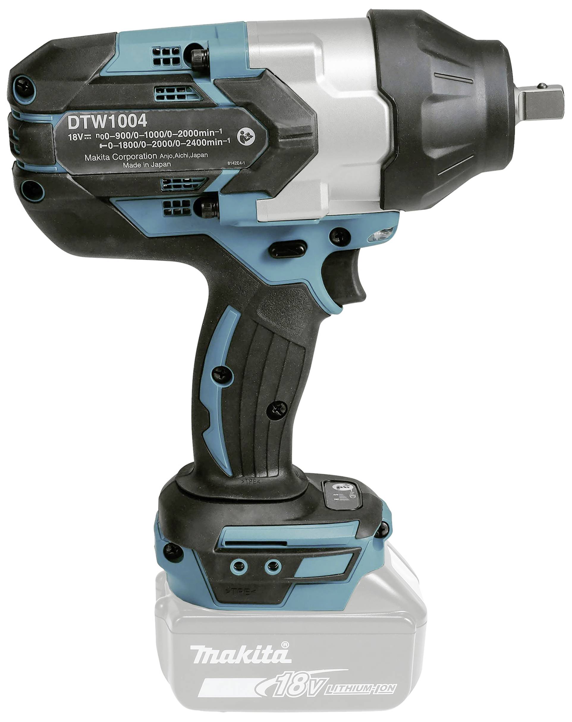 Modrý a černý akumulátorový rázový utahovák Makita s modelovým číslem 'DTW1004', vhodný pro lithium-iontové akumulátory 18V.