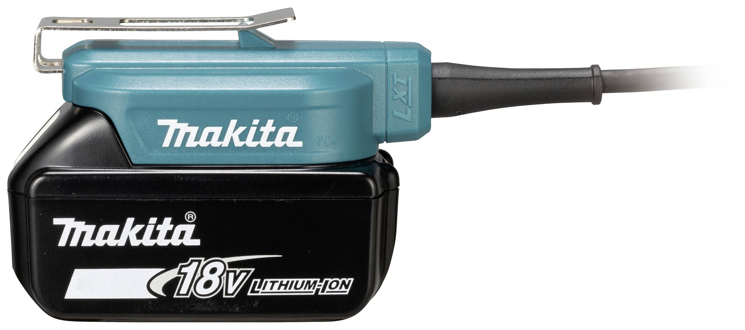Akumulátor 'Makita 18V Lithium-Ion', modro-černý, s kabelem. Podporuje efektivní napájení nástrojů.