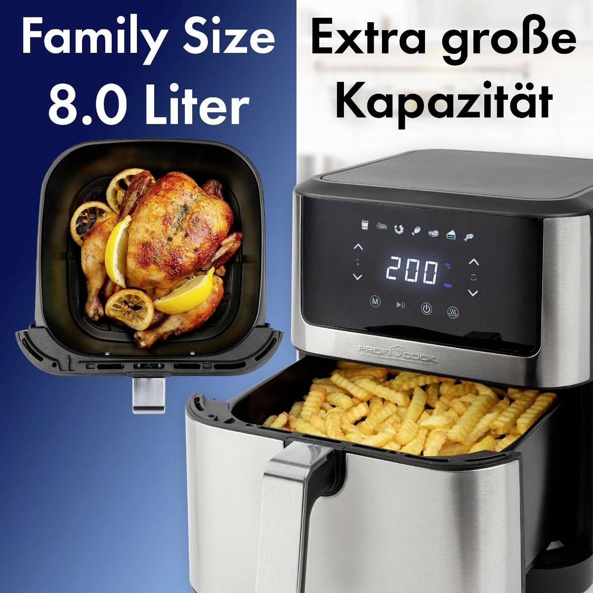 Horkovzdušná fritéza s objemem 8,0 litrů znázorněná s pečeným kuřetem. Text: 'Extra velká kapacita'.
