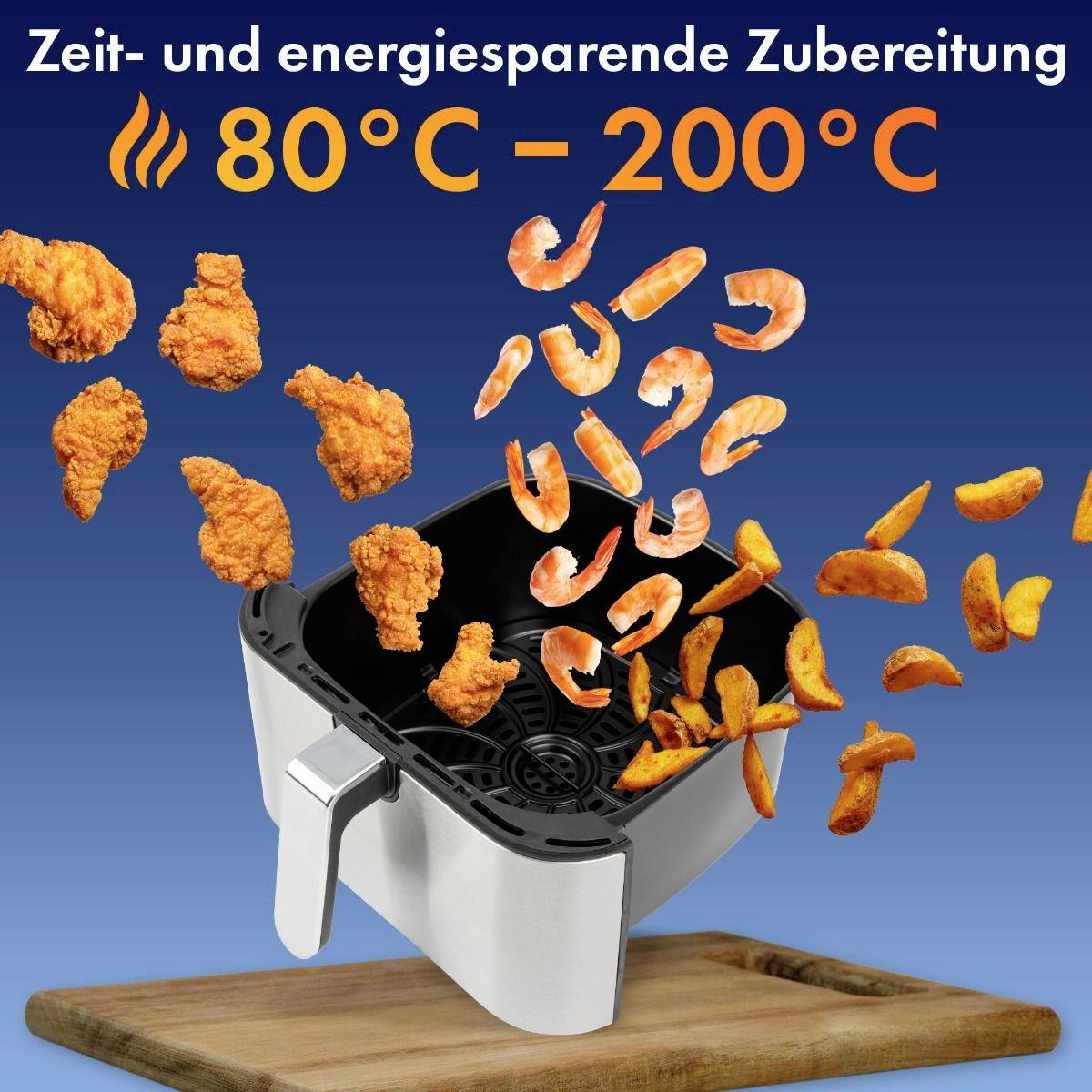 Fritéza s kuřetem a krevetami visí nahoře. Text: 'Příprava šetřící čas a energii, 80°C - 200°C'.