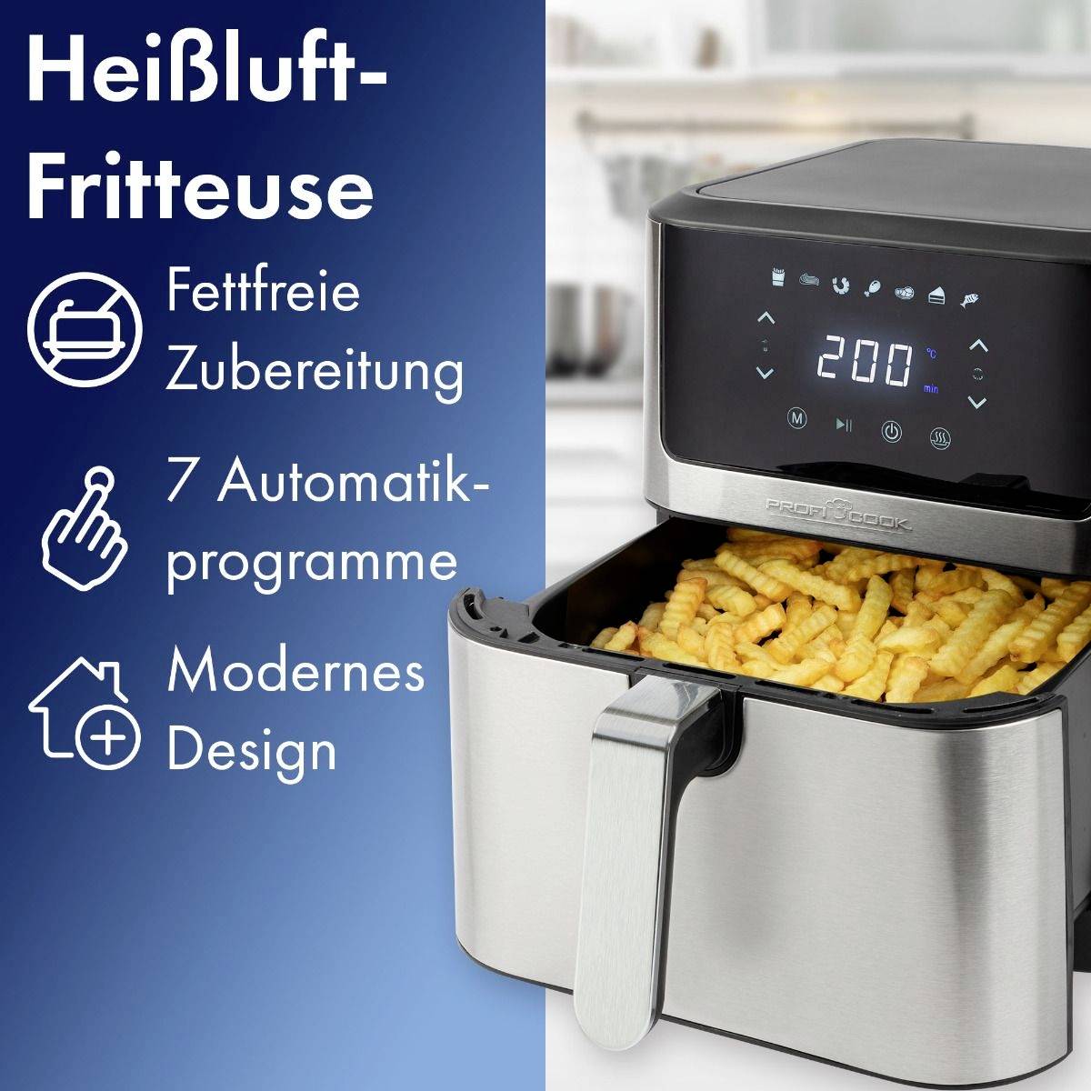 Horkovzdušná fritéza s fritovanými hranolkami v košíku. Text popisuje přípravu bez tuku, 7 automatických programů a moderní design.