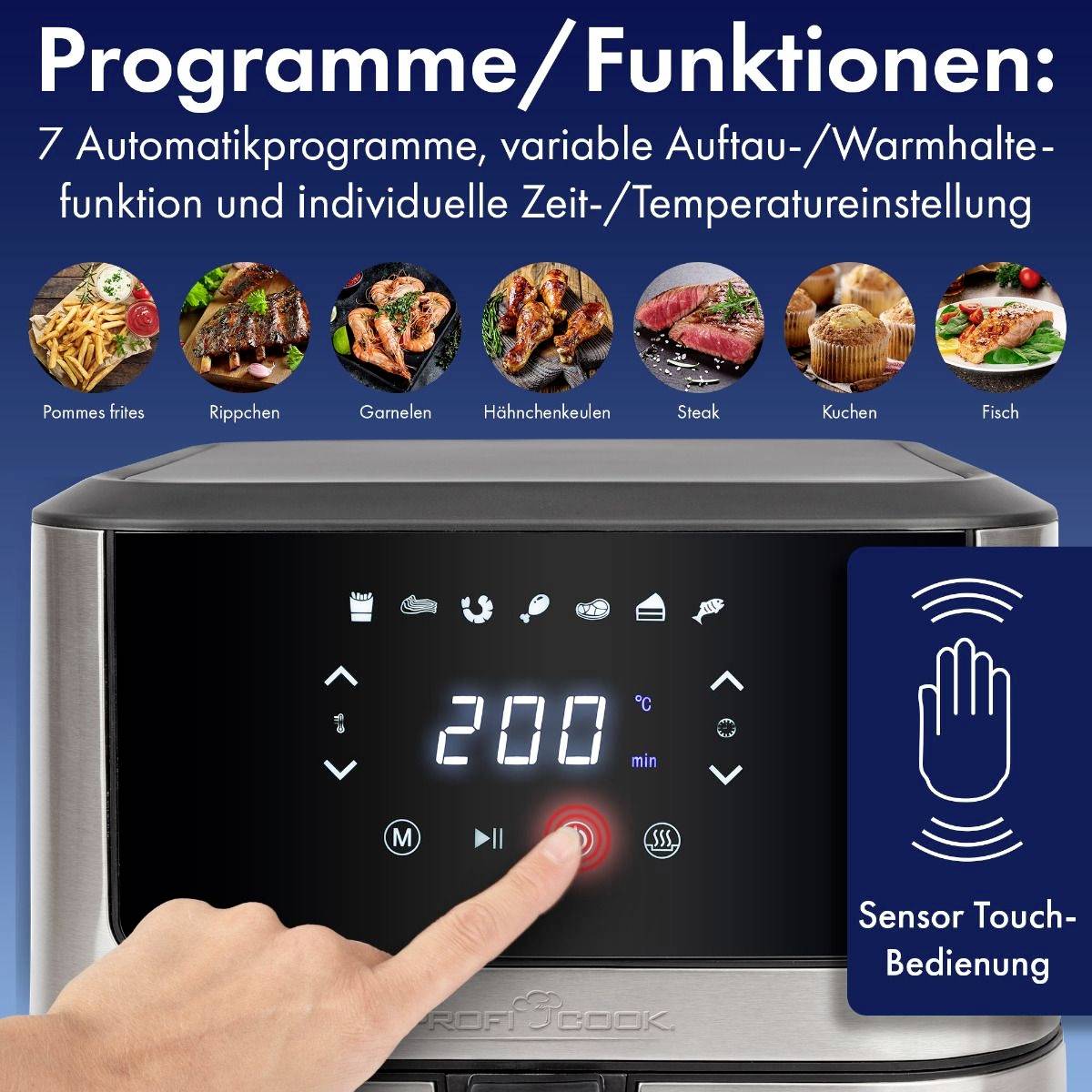 Prst stiskává tlačítko na displeji kuchyňského přístroje s 7 automatickými programy, variabilní funkcí a senzorově dotykovým ovládáním.