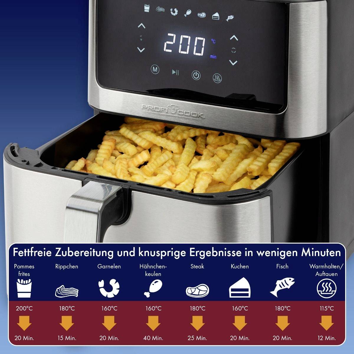 Stříbrná horkovzdušná fritéza s displejem ukazuje '200°C'. Košík naplněný hranolkami. Dole: Symboly pro různé pokrmy a doby přípravy.