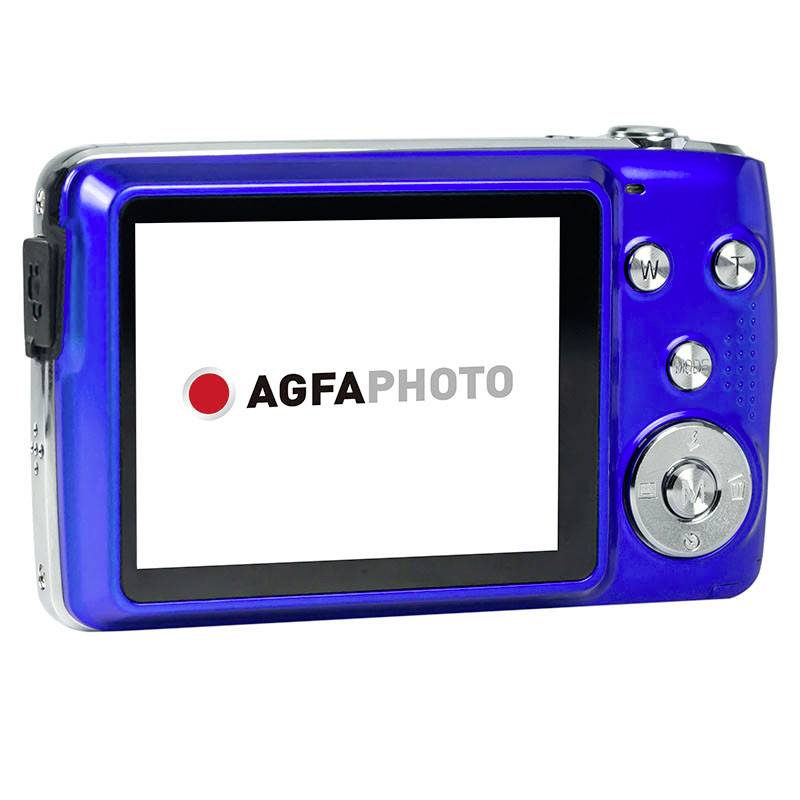 Modrý digitální fotoaparát s nápisem 'AgfaPhoto' na displeji. Fotoaparát má různé ovládací prvky pro navigaci.