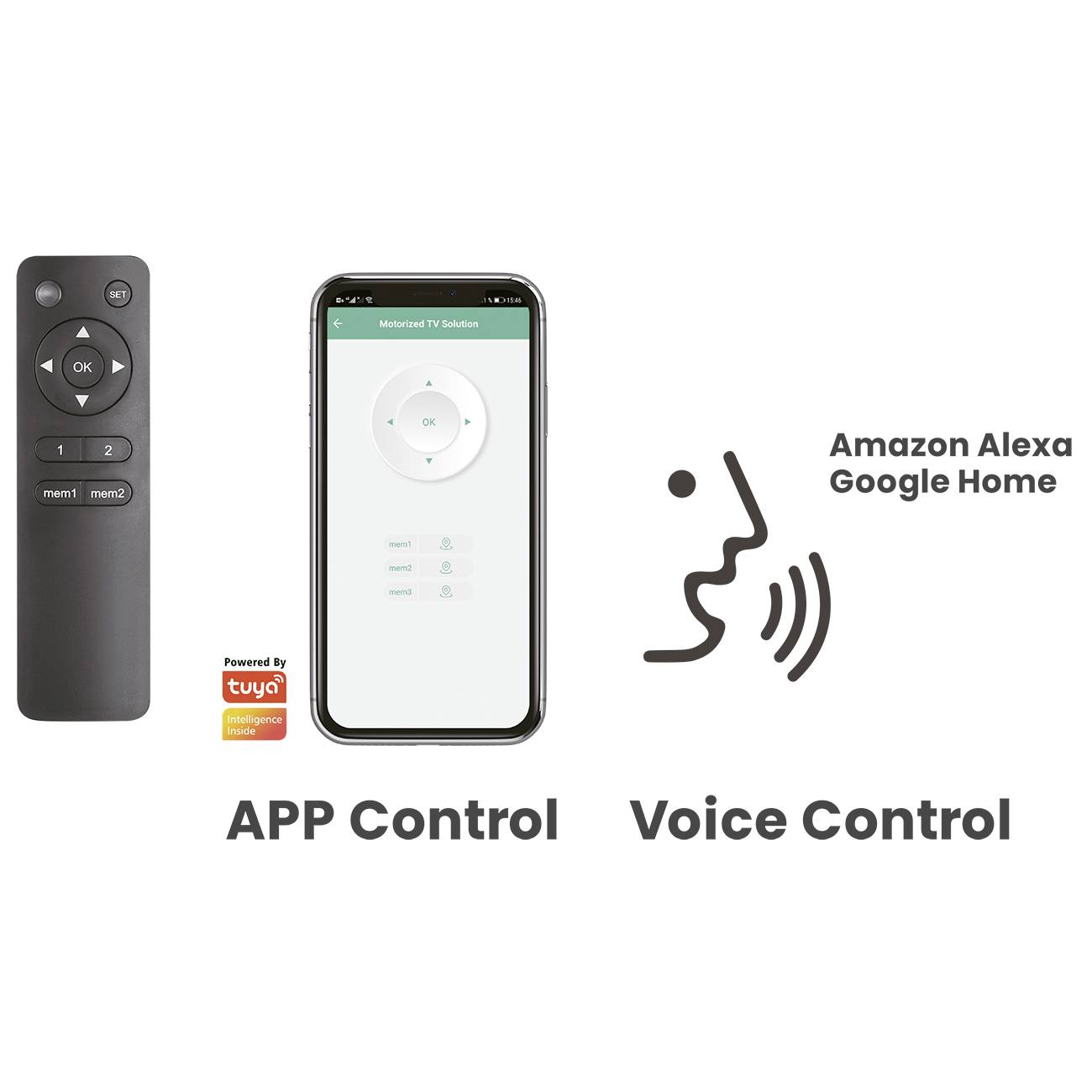 Dálkové ovládání a aplikace pro chytré telefony pro ovládání. Podporuje ovládání přes aplikaci a hlasové ovládání prostřednictvím Amazon Alexy a Google Home.