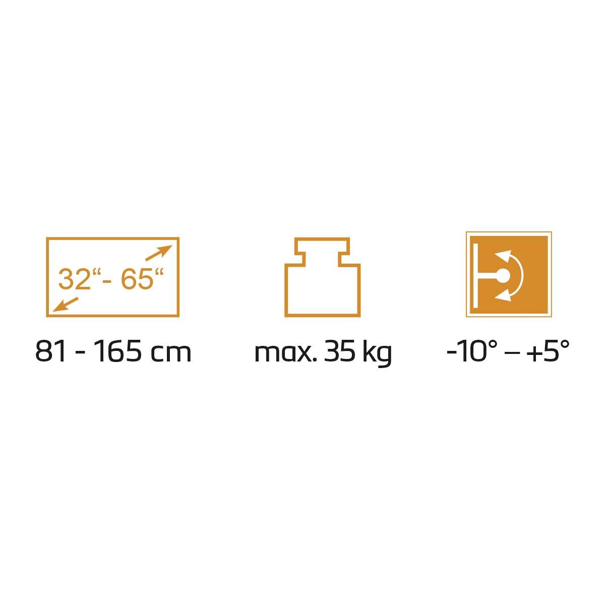 Velikost TV: 32–65 palců (81–165 cm), maximální hmotnost: 35 kg, rozsah náklonu: -10° až +5°. Symboly ilustrují údaje.