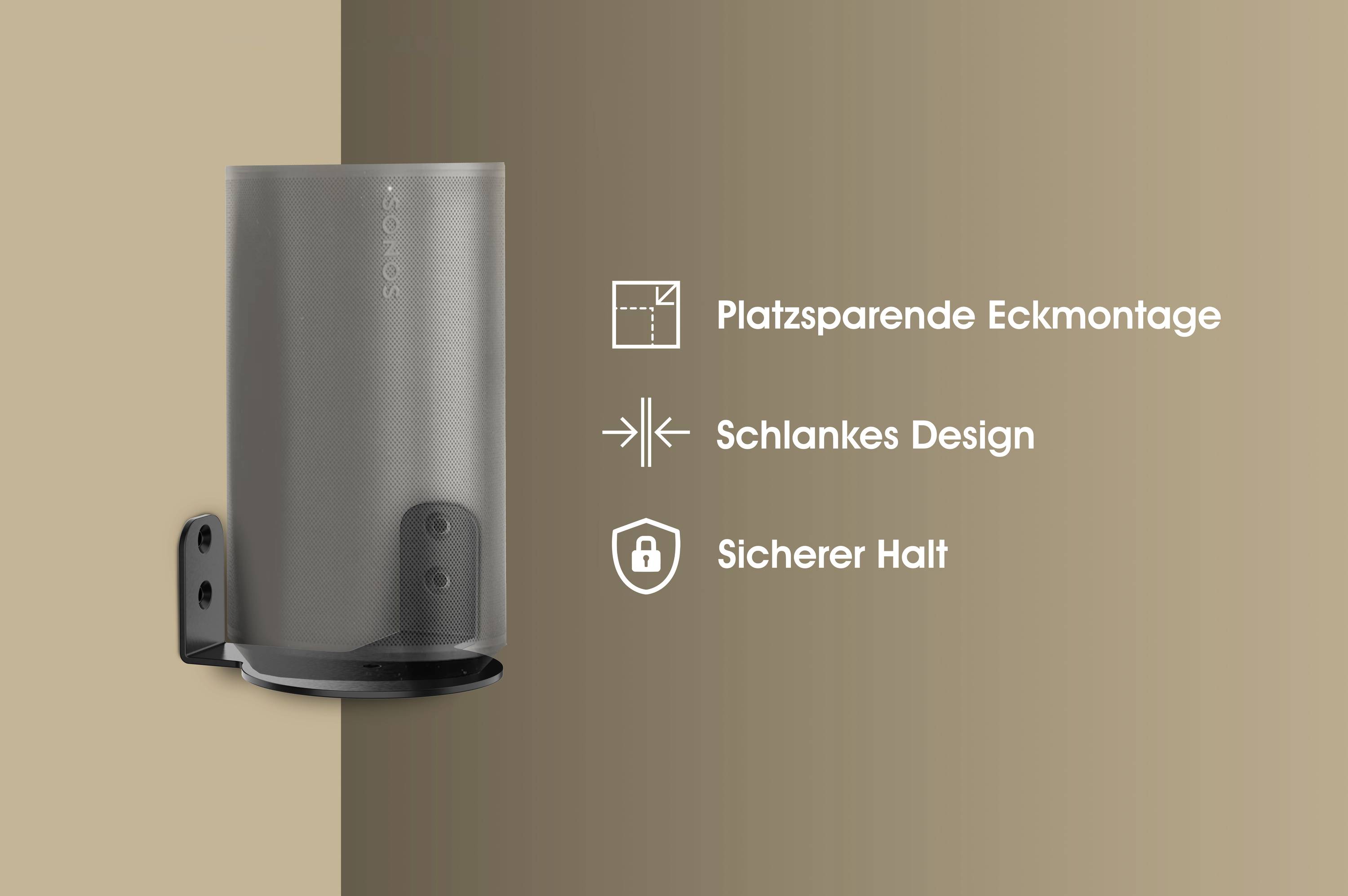 Šedý nástěnný držák pro reproduktory. Text vedle držáku: 'Úsporné rohové upevnění, Štíhlý design, Bezpečné uchycení.'