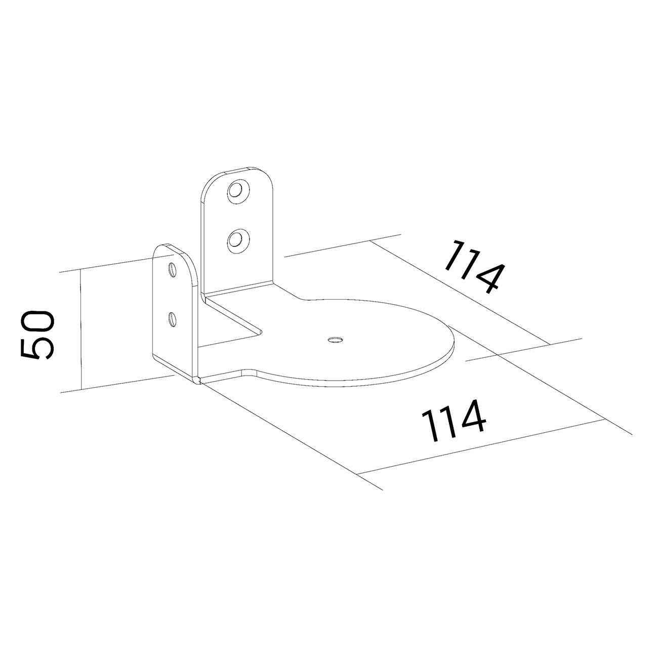 Technický výkres kovového držáku, s rozměry: 50 mm vysoký, 114 mm široký. Boční pohledy a detaily otvorů jsou viditelné.