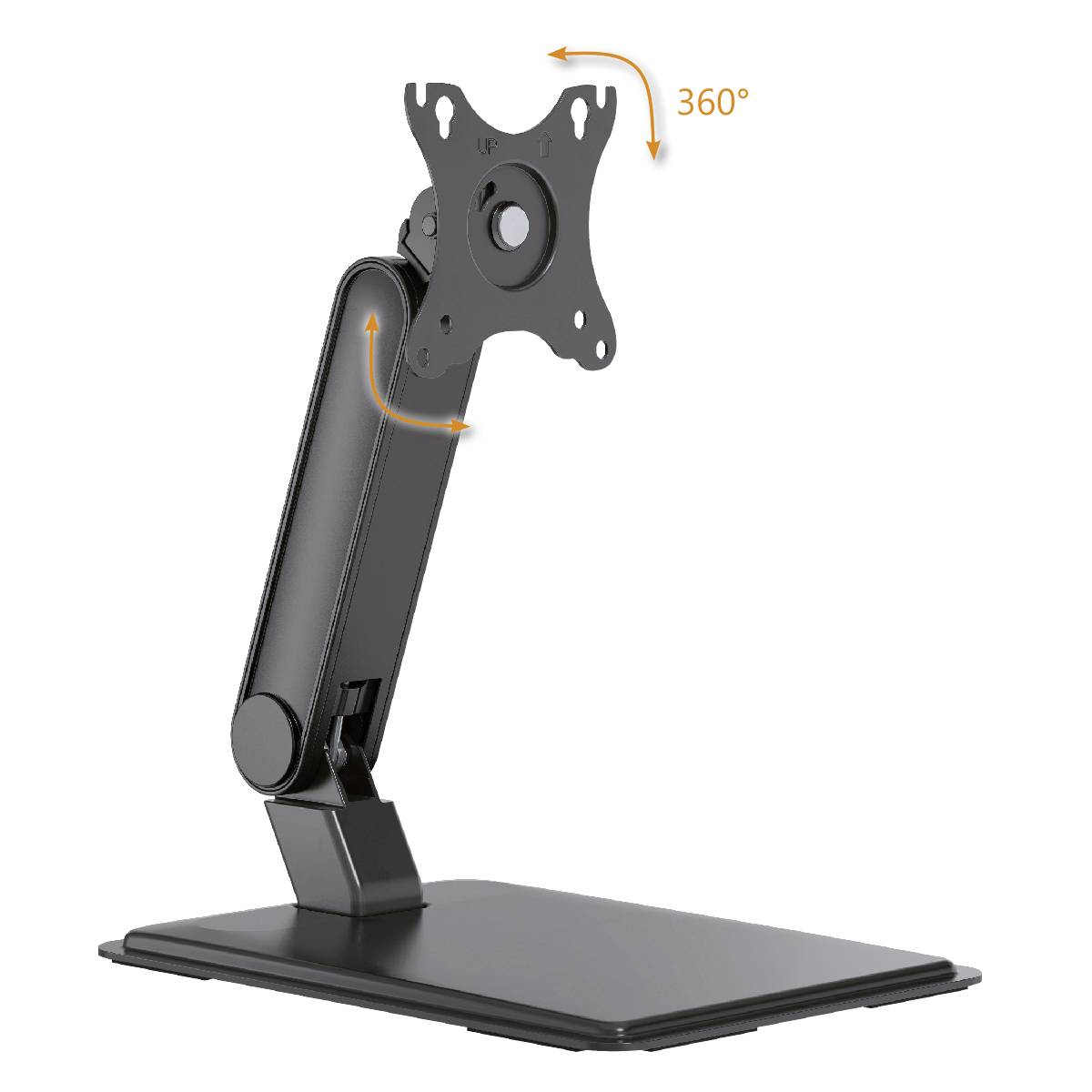Černý stojan na monitor s otočným držákem ukazuje funkci otočení o 360 stupňů.