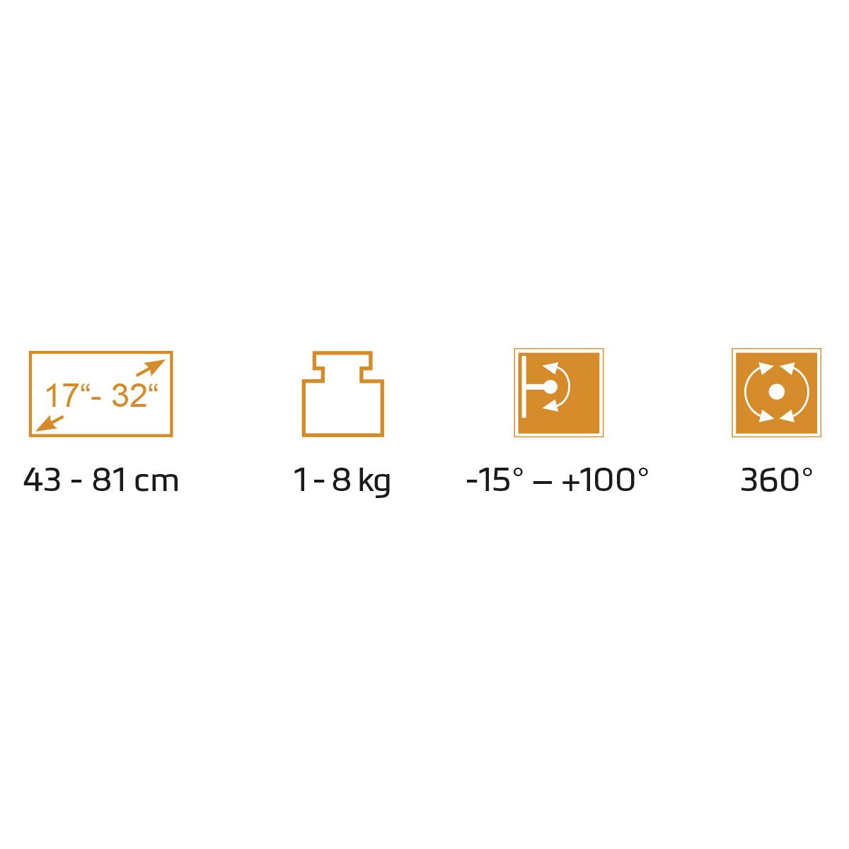 Obrázek se symboly a rozměry: Podporuje obrazovky od 43 do 81 cm (17 až 32 palců), hmotnost 1 až 8 kg, naklonění -15° až +100°, rotace 360°.