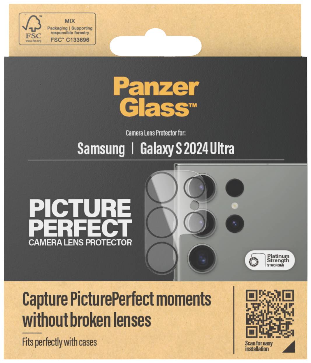 Kartonová krabice pro ochranu kamerových čoček PanzerGlass pro Samsung Galaxy S 2024 Ultra. Text 'Zachyťte dokonalé okamžiky bez poškozených čoček'.