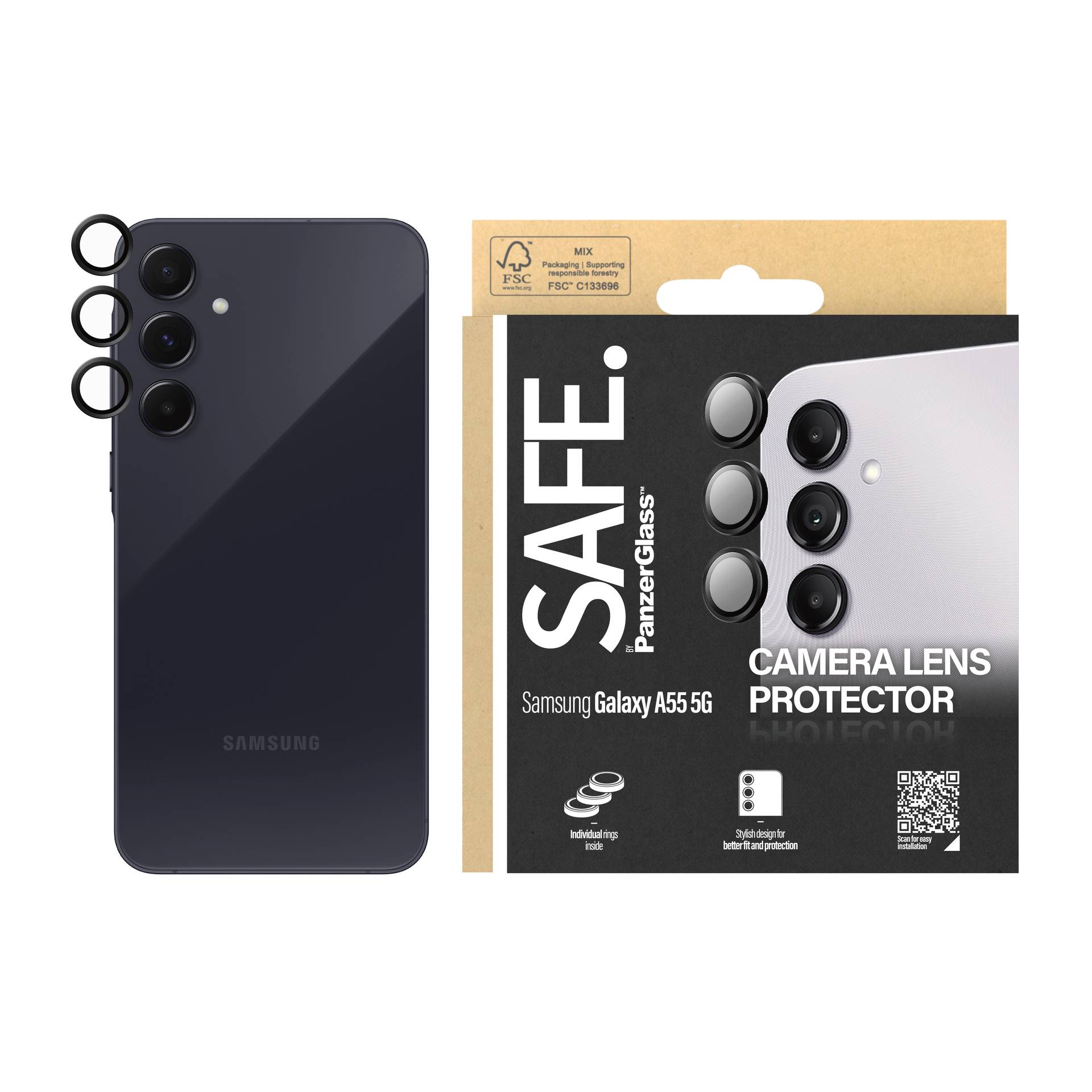 Černý smartphone Samsung Galaxy A55 5G se zadními kamerovými objektivy. Vedle něj leží obal na ochranu čočky fotoaparátu.