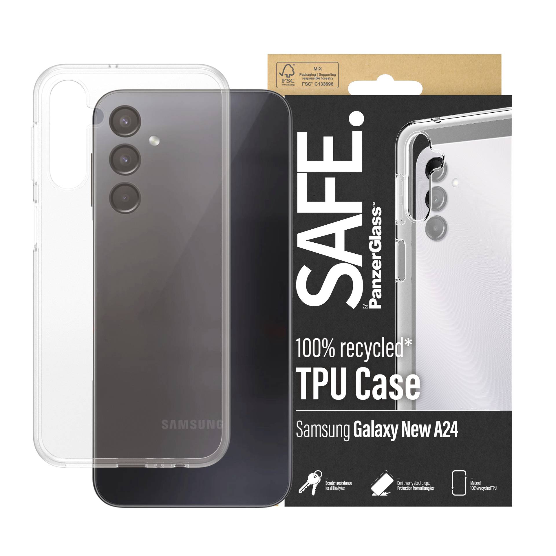 Průhledný mobilní kryt z 100% recyklovaného TPU pro Samsung Galaxy New A24. Balení s názvem značky 'PanzerGlass Safe'.