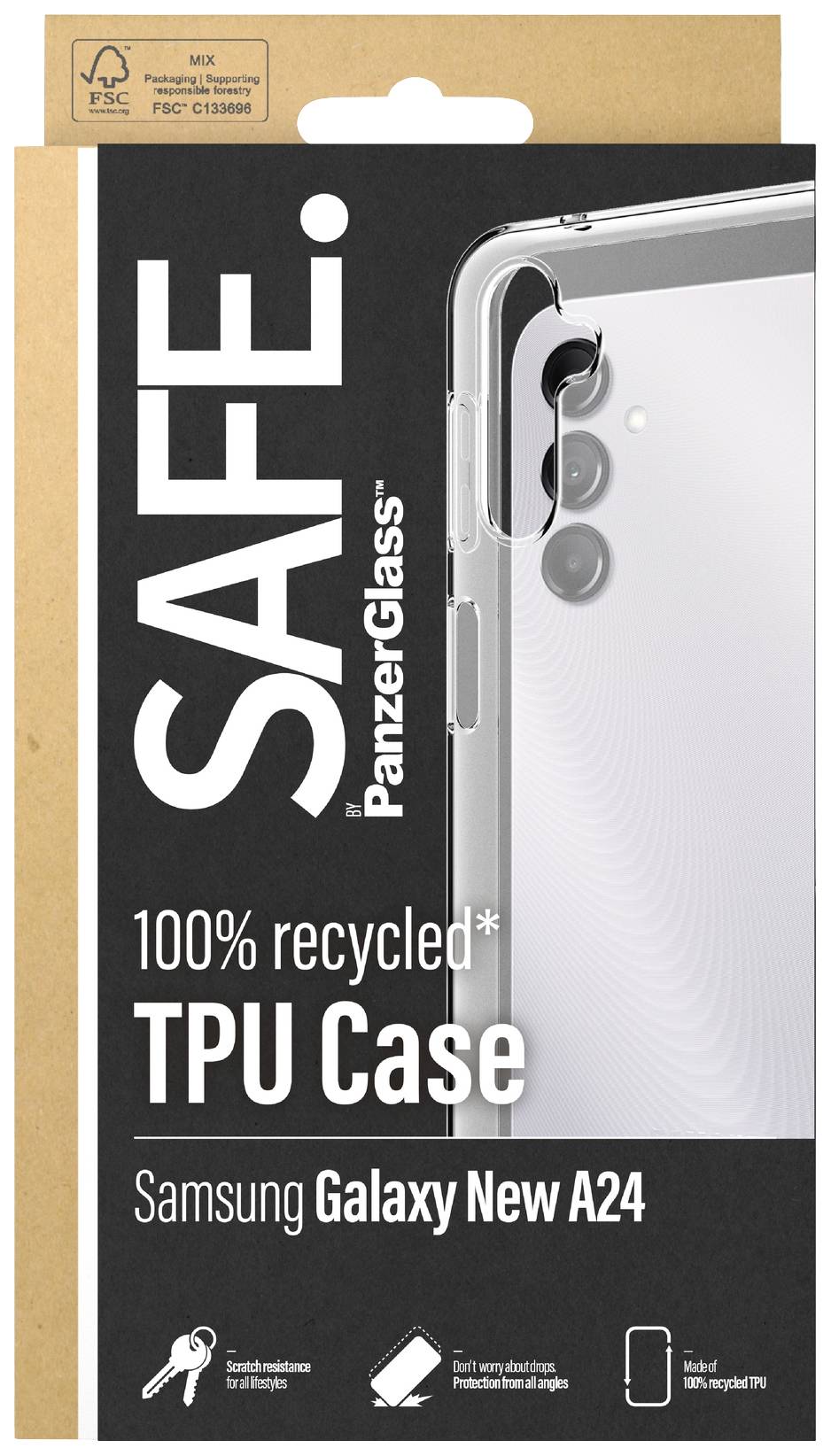 Obal na mobilní telefon pro Samsung Galaxy New A24, vyrobený ze 100% recyklovaného materiálu. Ukazuje transparentní design a ochranné prvky.