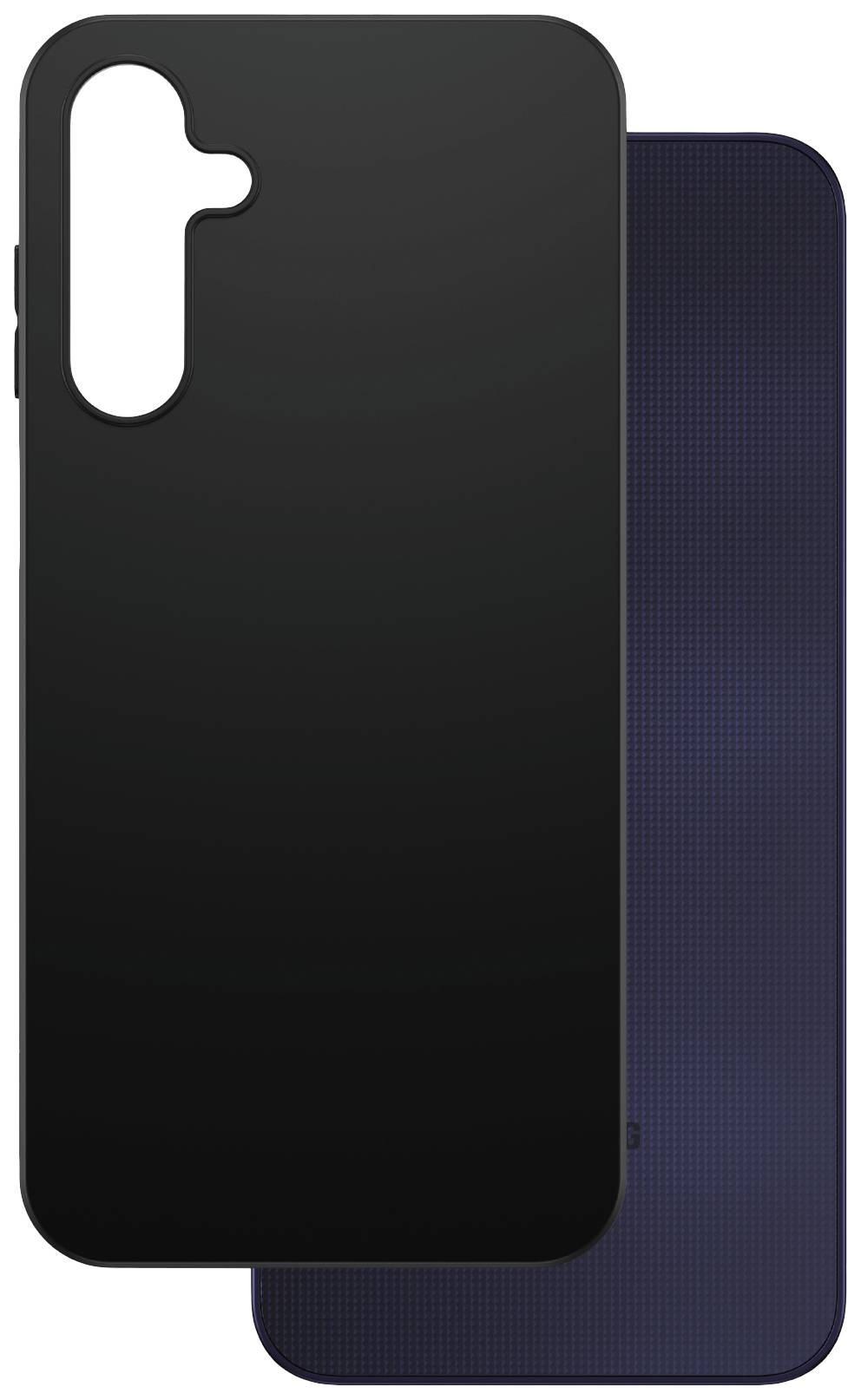 Černý obal na mobilní telefon leží na modrém telefonu s tečkovaným vzorem. Obal má výřezy pro fotoaparát a tlačítka.