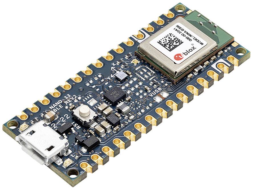 Arduino Nano BLE Sense modul s komponenty senzorů a komunikace na malé desce.