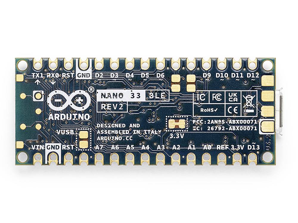 Elektronická deska s nápisem 'ARDUINO NANO 33 BLE', s několika konektory a technickými specifikacemi na povrchu.