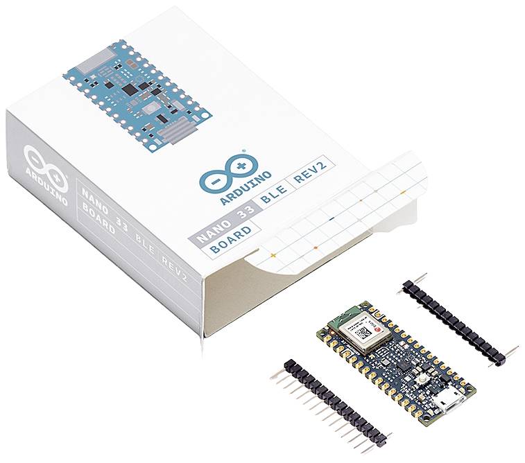 Arduino Nano 33 BLE Rev2 deska, vytažená z obalu, s připojenými propojovacími kolíky. Vhodná pro projekty využívající Bluetooth Low Energy.
