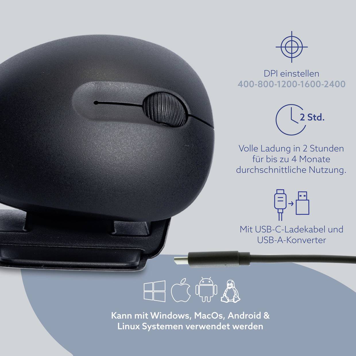 Ergonomická počítačová myš s vertikálním designem, kompatibilní s Windows, MacOS, Androidem a Linuxem. Nastavitelné DPI, nabije se za 2 hodiny pro 4 měsíce používání.