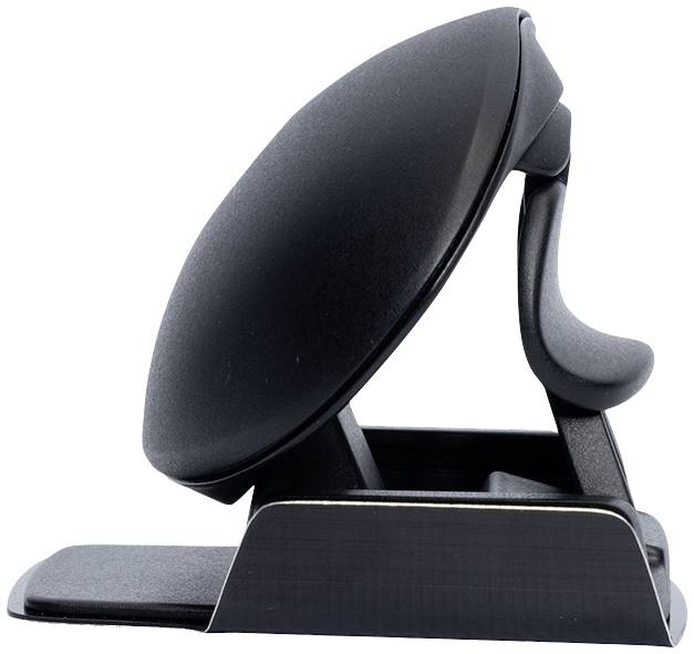 Černá ergonomicky tvarovaná rukojeť v držáku vhodném pro kancelářské nebo počítačové pracoviště.