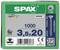Zelený obal s 1000 šrouby SPAX, velikost 3,5x20 mm. Obsahuje loga, QR kód a nápis 'Made in Germany'.