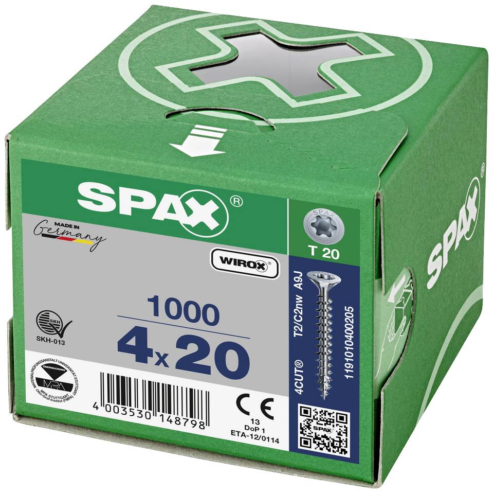 Sada šroubů SPAX - 1000 kusů, velikost 4x20 mm, povrchová úprava Wirox, drážka T20, vhodné pro práci se dřevem.