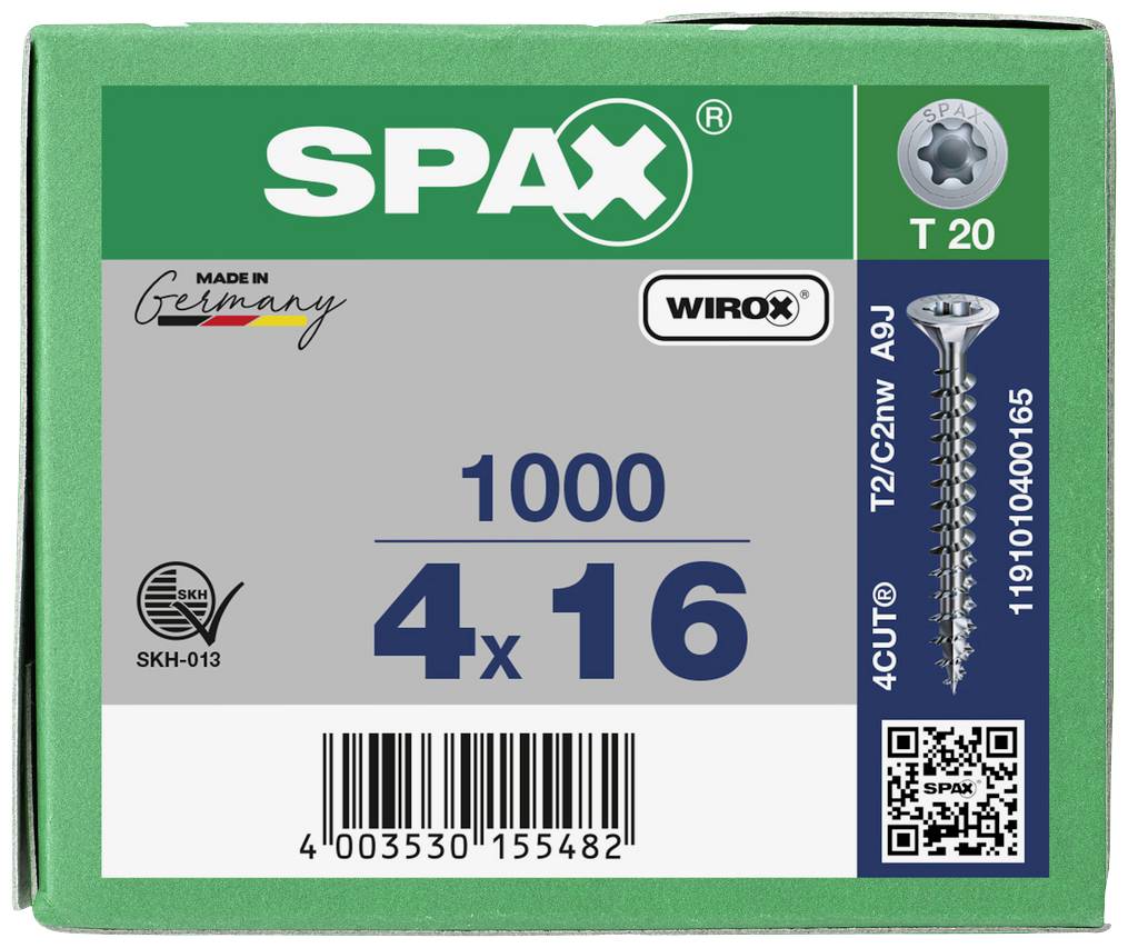 'SPAX šrouby 4x16 mm, 1000 kusů, T20 pohon. Vyrobeno v Německu.' Balení s čárovým kódem a informacemi o produktu.