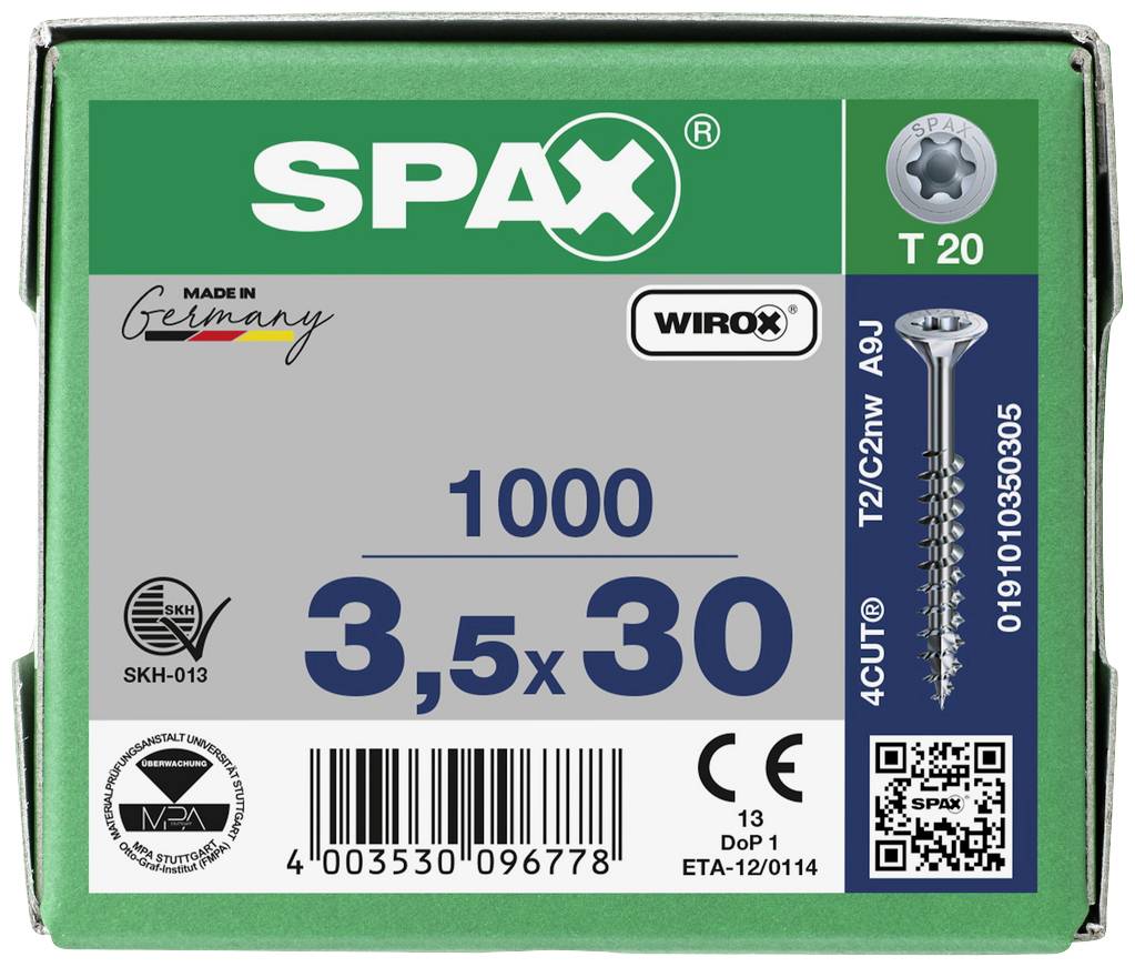 'SPAX 1000 šroubů, 3,5x30 mm, T20, WIROX, 4CUT. Vyrobeno v Německu. Katalogové číslo: 01901035005. Obsahuje QR kód a ověřovací značku.'