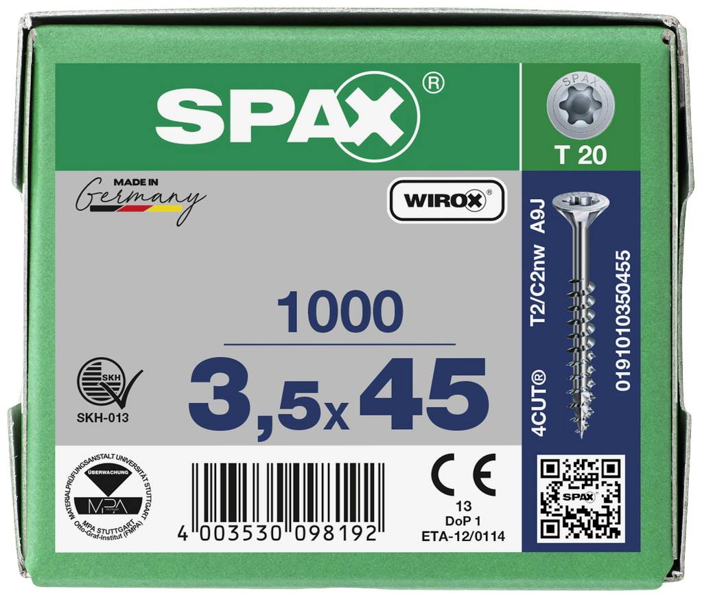 Zelený obal šroubů SPAX. Nápis: '3,5x45', množství: '1000 kusů', s QR kódem a různými logy.