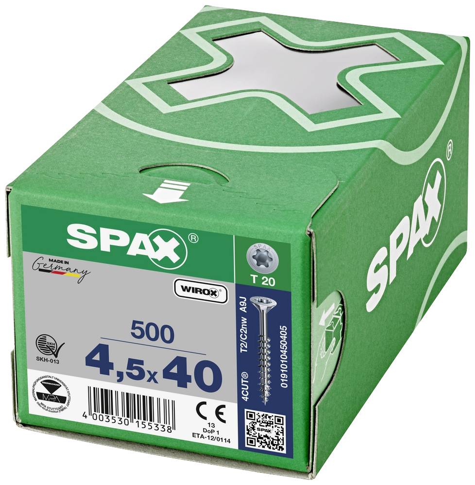 Zelený obal se šrouby SPAX, 500 kusů, velikost 4,5 x 40 mm. Obsahuje označení 'Vyrobeno v Německu' a různé certifikační symboly.