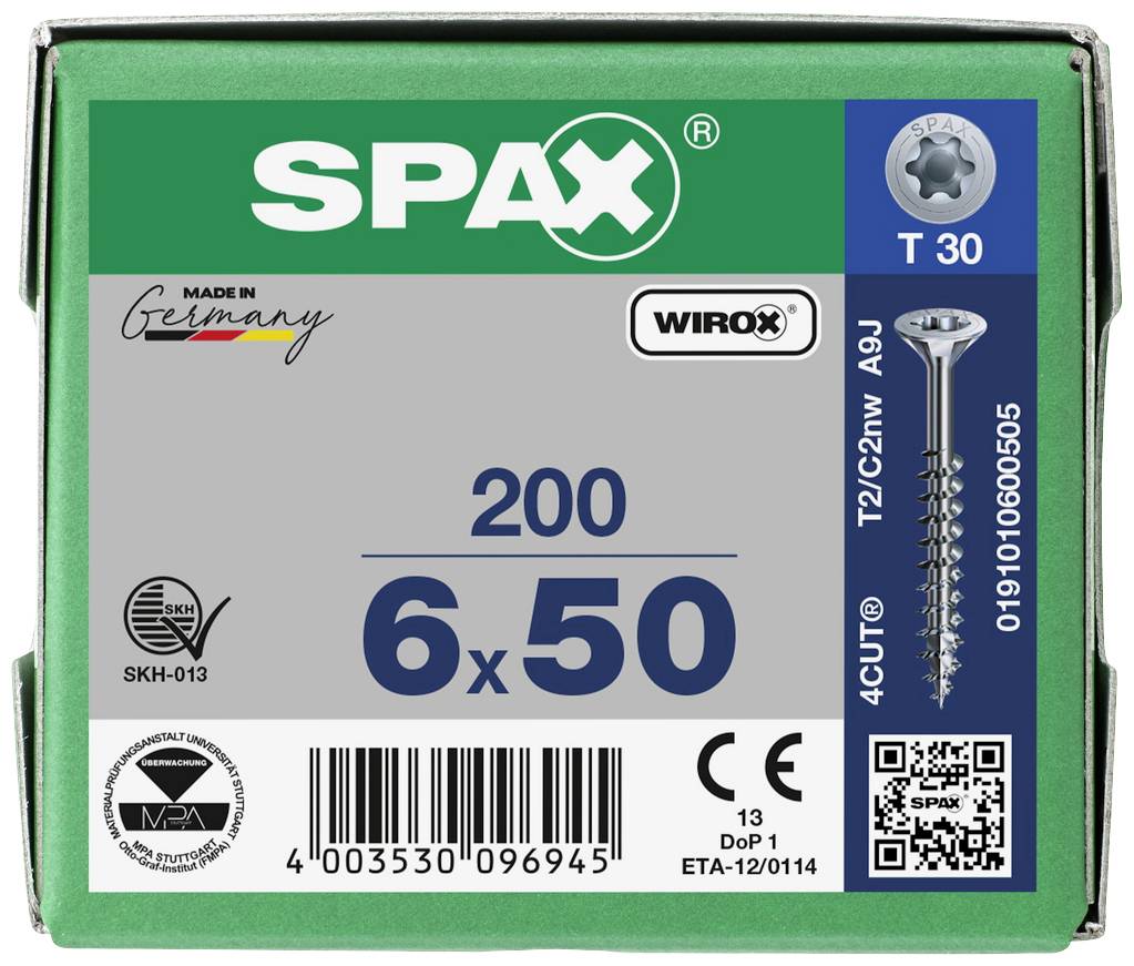 Krabice šroubů SPAX, velikost 6x50 mm, 200 kusů, vyrobeno v Německu, s povrchovou úpravou Wirox a hlavou T30.