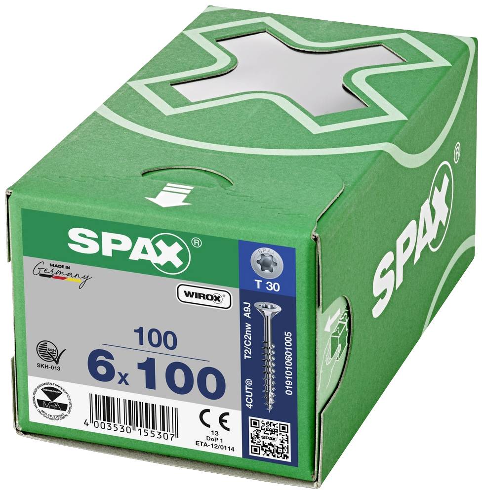 Zelená krabička SPAX se 100 šrouby, velikost 6x100 mm, T30, vyrobeno v Německu. Obal zobrazuje certifikáty kvality a bezpečnosti.
