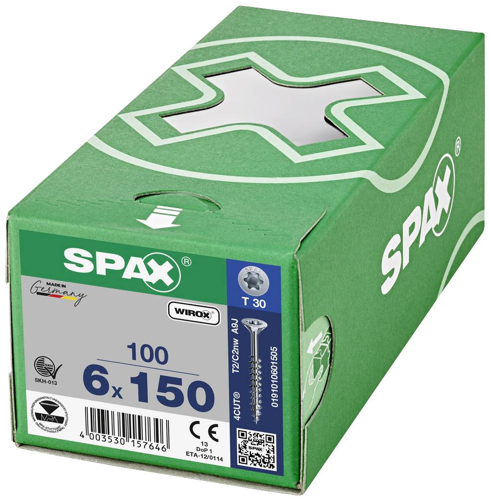 Zelená krabice s nápisem 'SPAX' obsahuje 100 šroubů o rozměru 6x150 mm. Na obalu je vytištěn QR kód a certifikace TÜV.