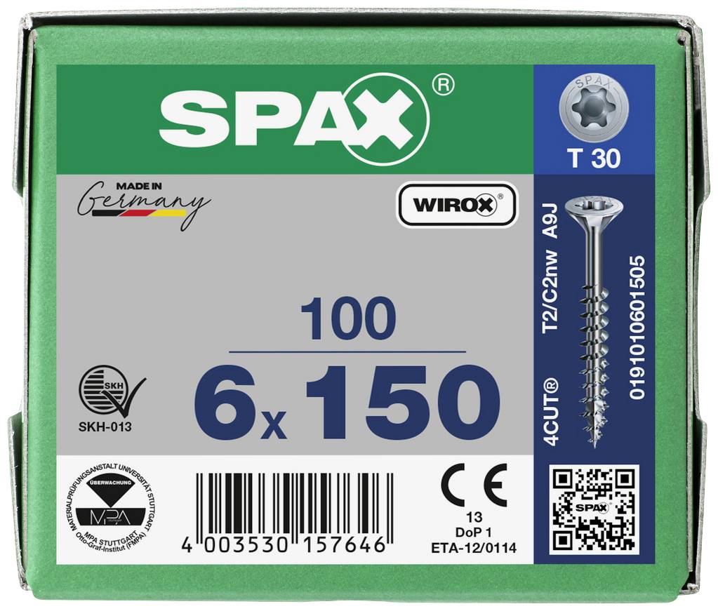 Obrázek ukazuje zelenou krabičku s nápisem 'SPAX'. Obsahuje 100 šroubů o velikosti 6 x 150 mm, vyrobených v Německu.