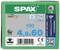 Krabice se 100 nerezovými šrouby, velikost 4,5x60 mm. Obsahuje QR kód, bezpečnostní a environmentální značení. Značka 'SPAX'.