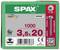 'SPAX' šroubová krabice, zelená. Obsahuje 1000 šroubů, velikost 3,5x20 mm, T 15. Vyrobeno v Německu. QR kód a číslo produktu: 02010350205.