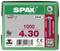 Krabice 1000 SPAX šroubů, velikost 4x30 mm, s Wirox povrchovou úpravou. Vyrobeno v Německu. Obsahuje QR kód a číslo produktu.