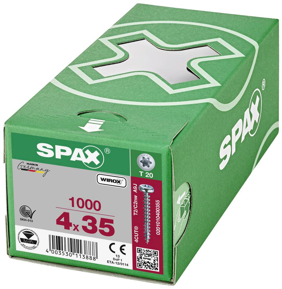 Zelený obal od SPAXu s 1000 šrouby, velikost 4x35 mm. Na krabičce jsou vyobrazena firemní loga a produktové informace.