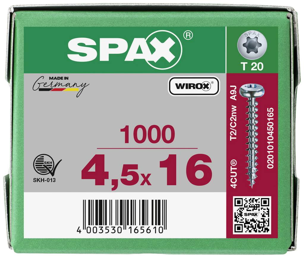 Krabice vrutů Spax, T20 pohon, 4,5 x 16 mm, 1000 kusů. S certifikací 'Vyrobeno v Německu', SKH certifikátem a QR kódem.