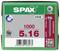 Zelená krabice SPAX šroubů s 1000 Torx šrouby, velikost 5x16 mm. Obsahuje TÜV a SKH certifikace a čárové kódy.