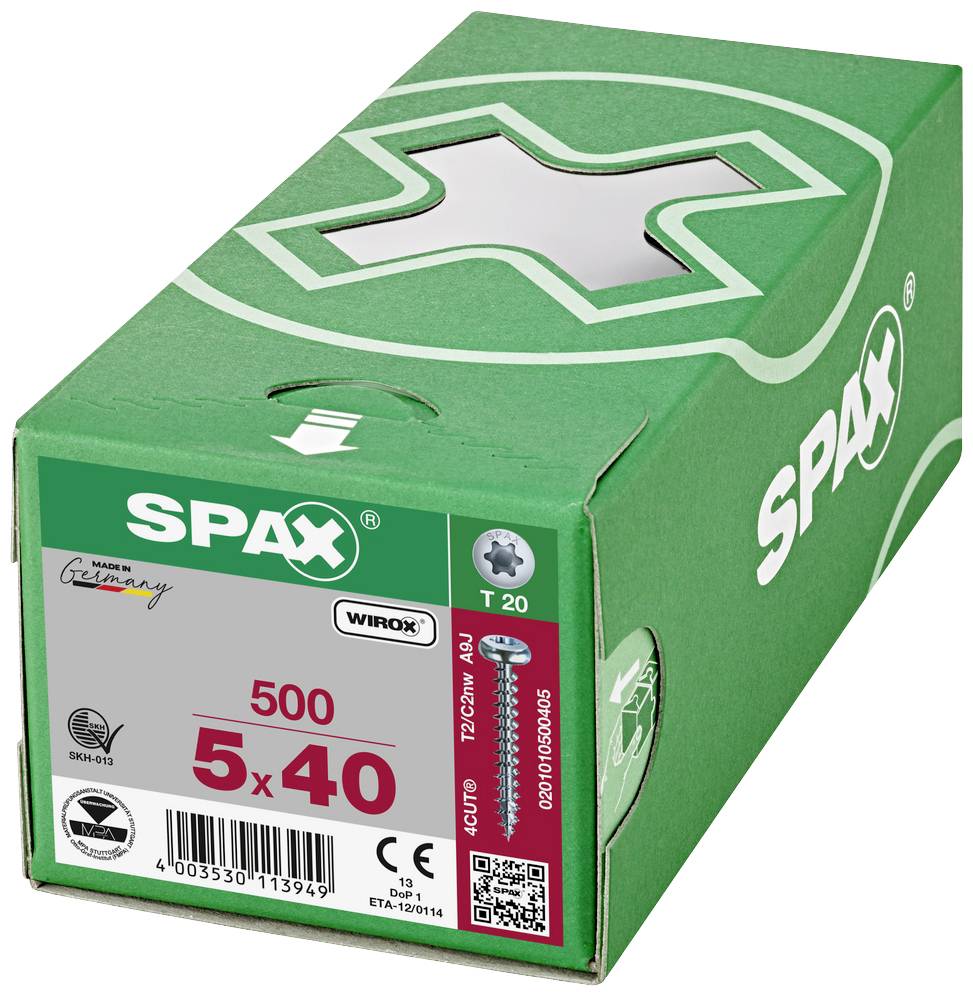 Zelený obal s nápisem 'SPAX'. Obsahuje 500 šroubů velikosti 5x40 mm. Firemní logo a produktové detaily jsou viditelné.